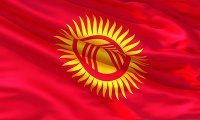 Realistic silk material Kirghizistan waving flag, high quality detailed fabric texture. 3d illustration