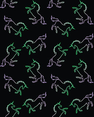 vector seamless pattern of neon pastel gradient holographic unicorn on black background