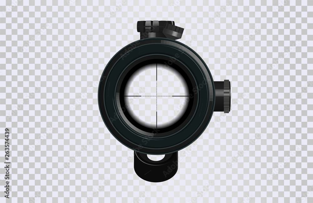 Poster Realistic 3D Sniper scope crosshairs. Optical sight for your project. GUI element. Vector gaming template. Military and weapon.