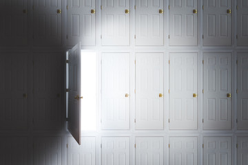 wall full of doors and one open