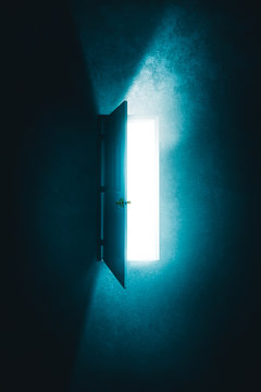open door in a dark room