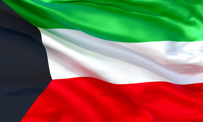 Realistic silk material Kuwait waving flag, high quality detailed fabric texture. 3d illustration