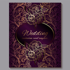 Exquisite royal purple luxury wedding invitation, gold floral background with frame and place for text, lacy foliage made of roses or peonies with golden shiny gradient.