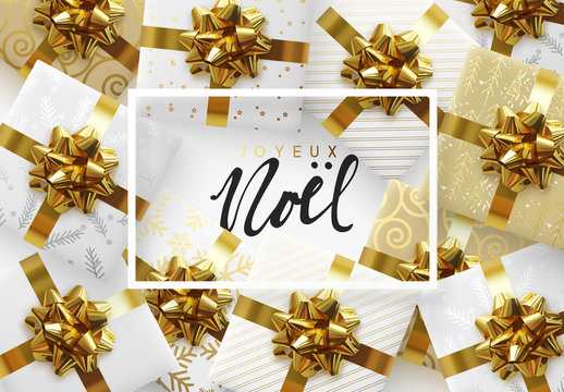 French text Joyeux Noel. Christmas vector background with gift box with gold bow.