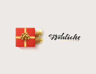 German text Frohliche Weihnachten. Vector illustration letttering Merry Christmas, gift box closed wrapped ribbon with bow.