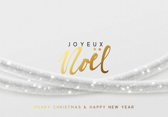 Glowing Christmas background. French text Joyeux Noel. Design traditional Christmas decorations, silver tinsel, bright light garlands.