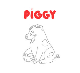 Coloring cute character piggy. Funny pig isolated on white background.