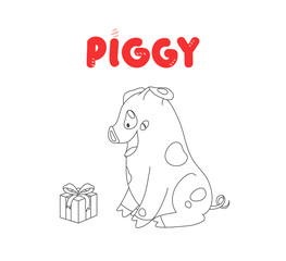 Obraz premium Coloring cute character piggy. Funny pig isolated on white background.