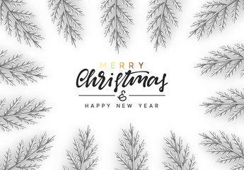 Christmas vector background with silver decorative pine branches and twigs.