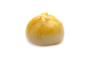 Creamy salted yolk custard cake, famous Chinese pastry isolated on white background.