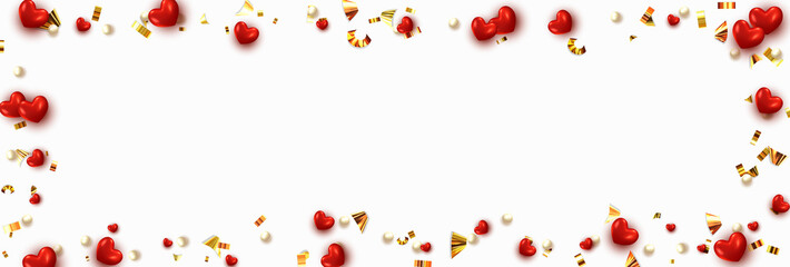 Background with red hearts and round beads strewn with golden confetti.