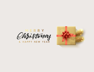 Vector illustration letttering Merry Christmas, gift box closed wrapped ribbon with bow.