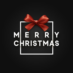 Christmas banner, poster, logo. Lettering Merry Christmas. Xmas greeting card design. Background red ribbon bow