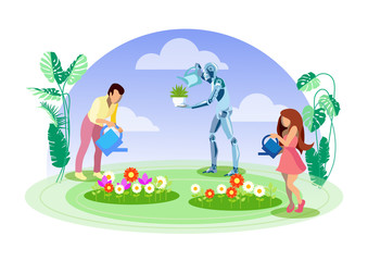 Obraz na płótnie Canvas Robot Gardener, Helper Flat Vector Illustration