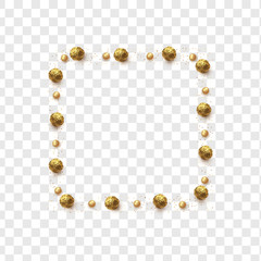 Gold round chocolates in foil, pearls and scattering of glitter isolated on transparent background