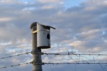 Obraz premium Metal birdhouse on a chainlink fence with barbed wire with a cloudy sky in the background, is very industrial and stark.