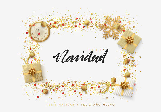 Spanish text Feliz Navidad. Christmas bright background with golden Xmas decorations.
