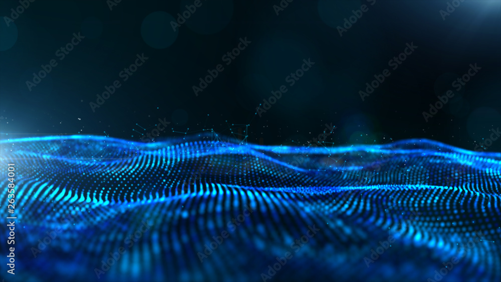 Poster abstract blue color digital particles wave with bokeh and light background