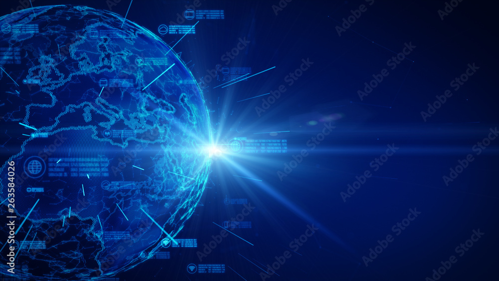 Poster secure data network. cyber security and protection of personal data concept. earth element furnished