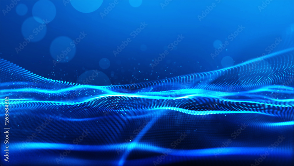 Poster abstract blue color digital particles wave with bokeh background