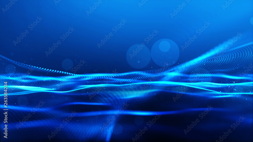 Poster abstract blue color digital particles wave with bokeh background