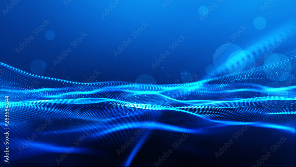 Poster abstract blue color digital particles wave with bokeh background