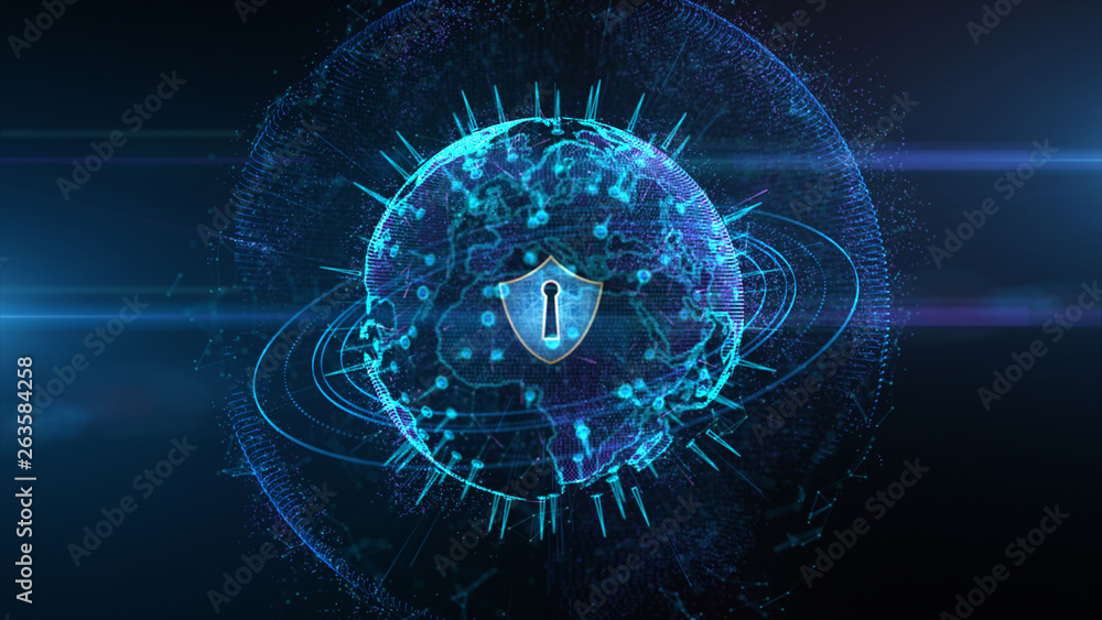 Aufkleber shield icon on secure global network, cyber security and protection of personal digital data concept