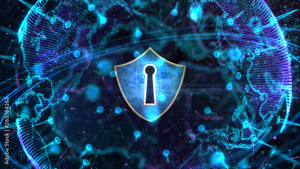 Poster shield icon on secure global network, cyber security and protection of personal digital data concept