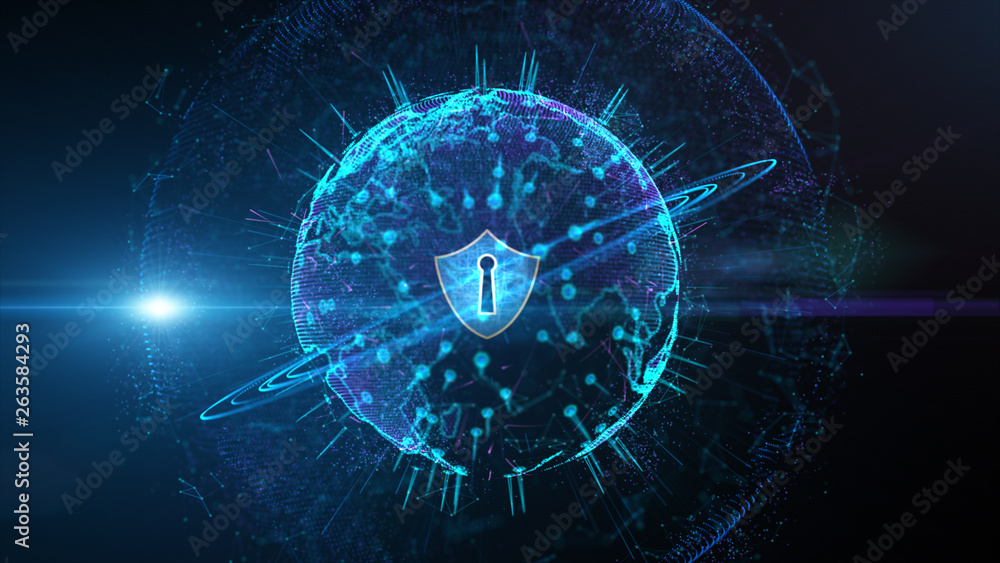 Aufkleber shield icon on secure global network, cyber security and protection of personal digital data concept