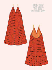 EDITABLE VECTOR MOCKUP FOR SHOWCASING FABRIC PATTERN DESIGN. TECHNICAL ILLUSTRATION OF DEEP V NECK BACKLESS MAXI DRESS WITH GEOMETRIC PRINT PATTERN AND CHAIN STRAPS.