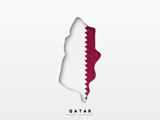 Qatar detailed map with flag of country. Painted in watercolor paint colors in the national flag