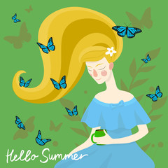 Obraz na płótnie Canvas Beautiful girl with butterflies on her head. Vector illustration.