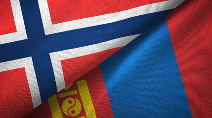 Norway and Mongolia two flags textile cloth, fabric texture