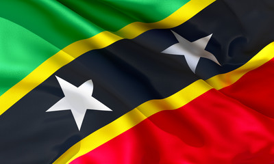 Realistic silk material Saint Kitts and Nevis waving flag, high quality detailed fabric texture. 3d illustration