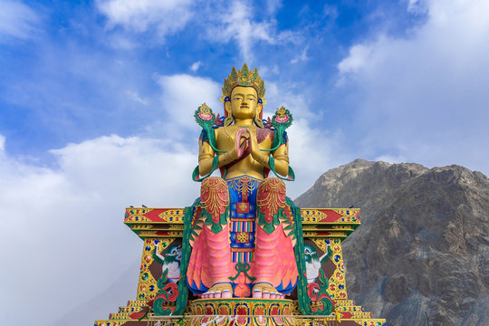 A statue of Maitreya Buddha at Diskit Monastery, Nubra Valley, Ladakh, Jammu and Kashmir, India. It is 32 meter tall statue of Budhha