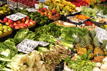 Fresh fruits and vegetables for sale in a local farmers market