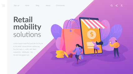 Smart retail, retail mobility solutions, IoT and smart city concept. Website homepage interface UI template. Landing web page with infographic concept hero header image.