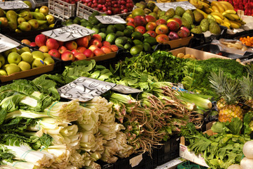 Marbella, Malaga province, Andalucia, Spain - March 18, 2019 : fresh fruits and vegetables for sale in a local farmers market