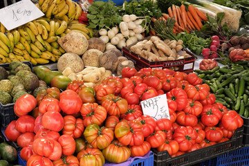 Marbella, Malaga province, Andalucia, Spain - March 18, 2019 : fresh fruits and vegetables for sale in a local farmers market