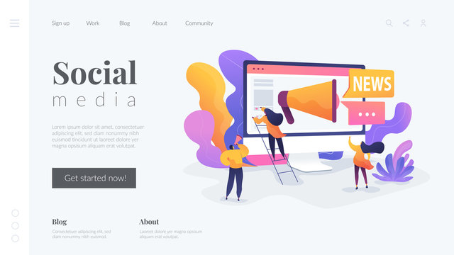 Social media, news tips, IoT and smart city concept. Website homepage interface UI template. Landing web page with infographic concept hero header image.