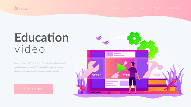 Education video, modern teaching tool, interactive learning and video tutorial concept. Website homepage interface UI template. Landing web page with infographic concept hero header image.