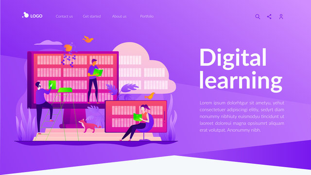 Digital learning, online database, content storing and searching, ebooks and e-library concept. Website homepage interface UI template. Landing web page with infographic concept hero header image.