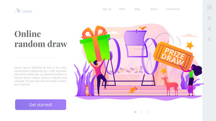 Prize draw, online random draw, promotional marketing and winning the lottery concept. Website homepage interface UI template. Landing web page with infographic concept hero header image.