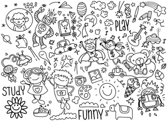 Foto op Plexiglas Kleuterschool handgetekende kinderen doodle set, doodle stijl, vectorillustratie