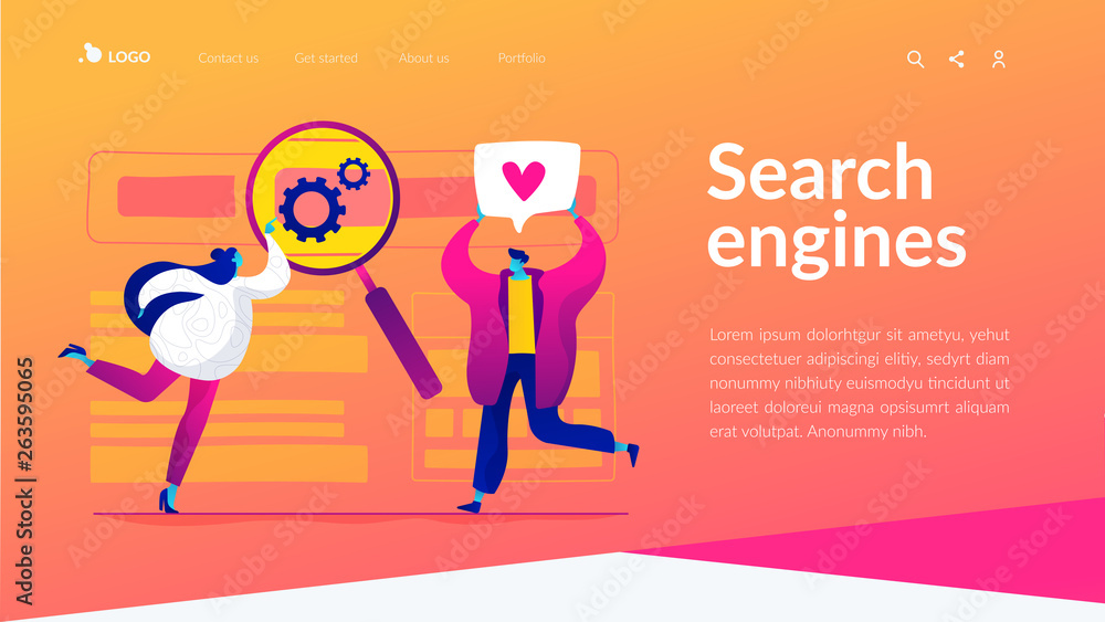 Poster seo analytics team, seo optimization, internet promotion concept. website homepage interface ui temp