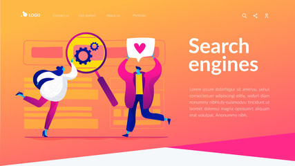 SEO analytics team, SEO optimization, internet promotion concept. Website homepage interface UI template. Landing web page with infographic concept hero header image.