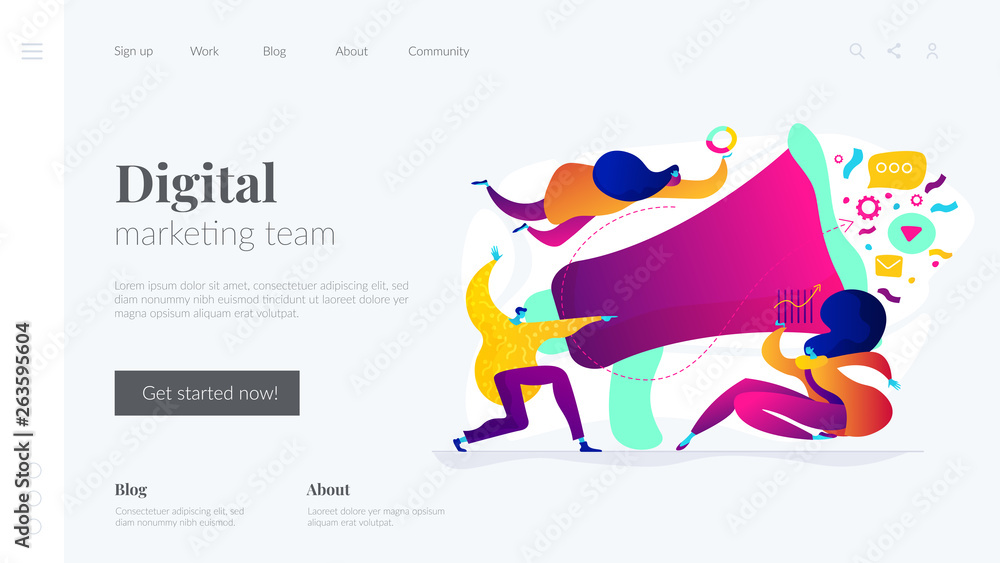 Poster marketing team metrics, marketing team lead and responsibilities concept. website homepage interface