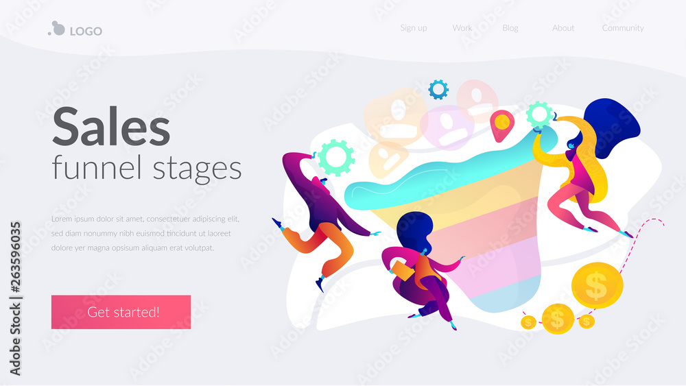 Poster sales funnel management, customer journey representation sales funnel stages concept. website homepa