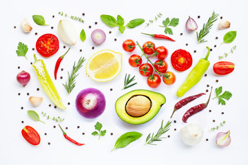Various fresh vegetables and herbs on white background. Healthy eating concept