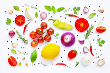Various fresh vegetables and herbs on white background. Healthy eating concept